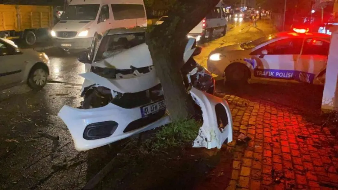 İş makinesini sollamak istedi, ağaca girdi