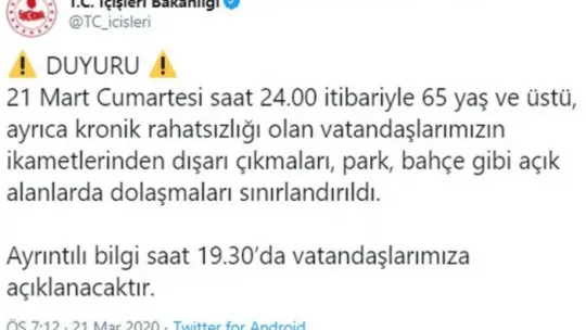 65 yaş ve üstüne yasak!