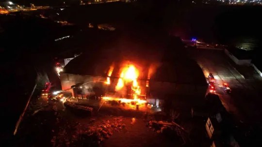 Fabrika yangını havadan görüntülendi