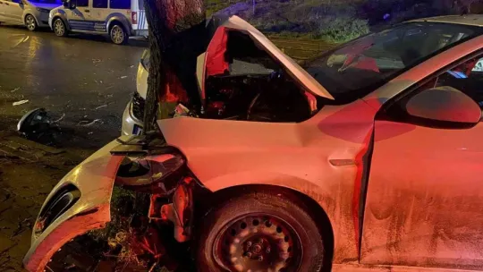 İş makinesini sollamak istedi, ağaca girdi