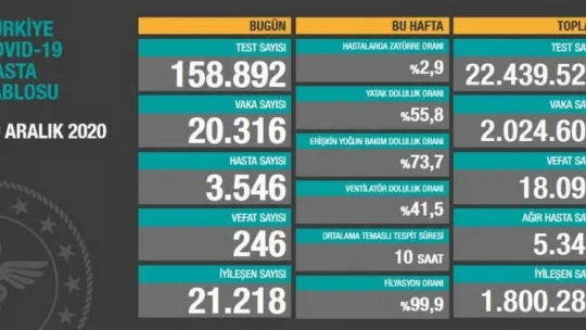 İşte 20 Aralık corona tablosu