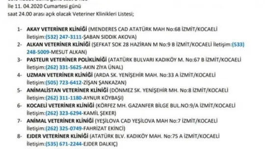 İşte açık olan veteriner ve akaryakıt şubeleri
