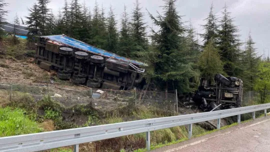 Kayganlaşan yolda bariyerlere çarpan tır ağaçlık alana uçtu: 1 ölü