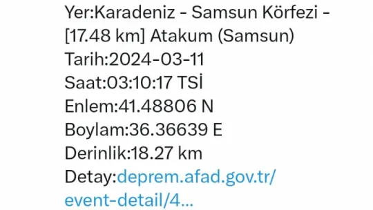 Samsun'da deprem meydana geldi