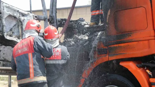 Seyir halindeki tır alev alev yandı