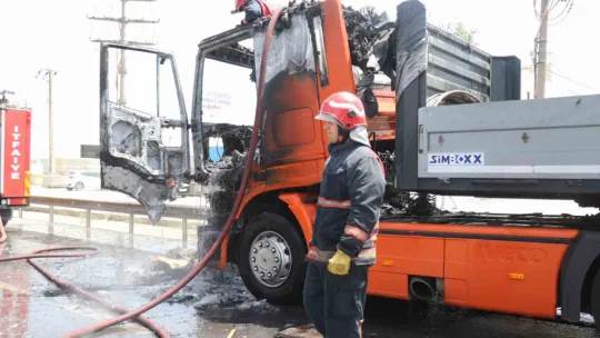 Seyir halindeki tır alev alev yandı