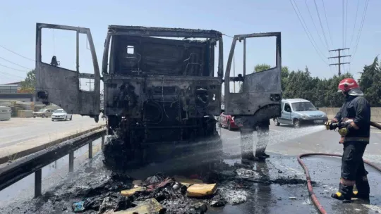 Seyir halindeki tır alev alev yandı