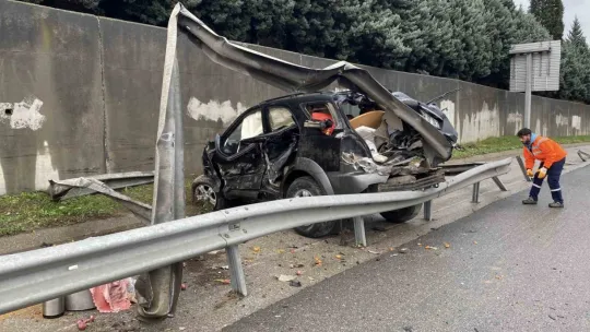 TEM'de cip istinat duvarına çarptı: Köpeğini bir an olsun bırakmadı