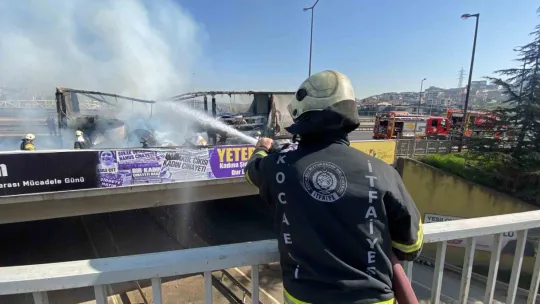 TEM'de lastiği patlayan tır alevlere teslim oldu: Trafik kilitlendi