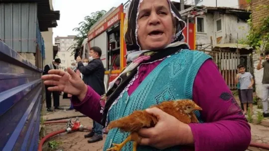 Yangından kurtardığı tavuğu ile evinin yanışını izledi