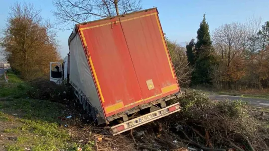 Yoldan çıkan tır, ağaçlık alana uçtu