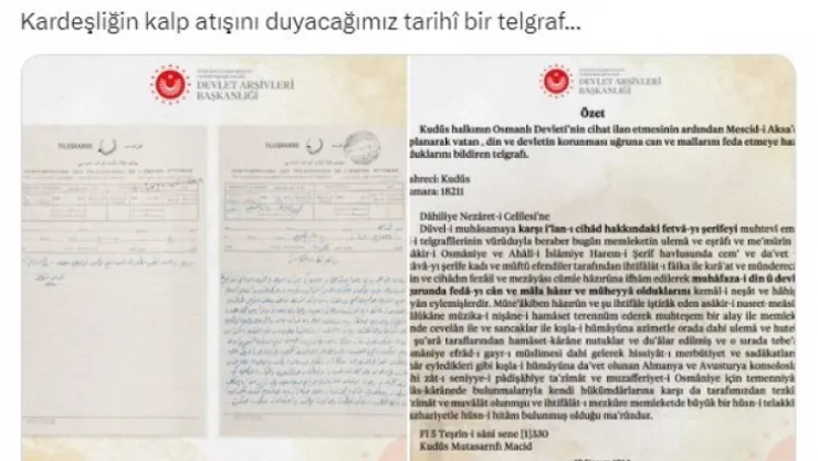 Filistinlilerin 1. Dünya Savaşı'na Osmanlı'ya gönderdiği 'destek' telgrafı ortaya çıktı