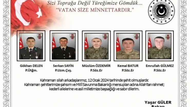 MSB, şehit askerlerimizin isimlerini açıkladı