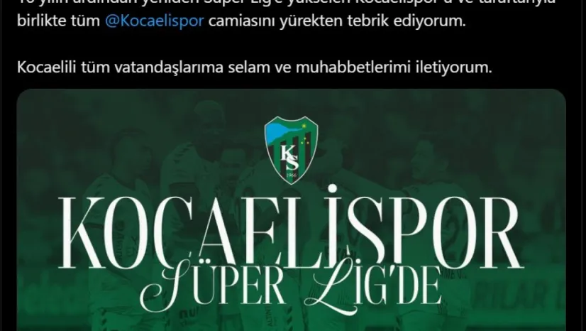 Cumhurbaşkanı Erdoğan'dan Kocaelispor'a tebrik