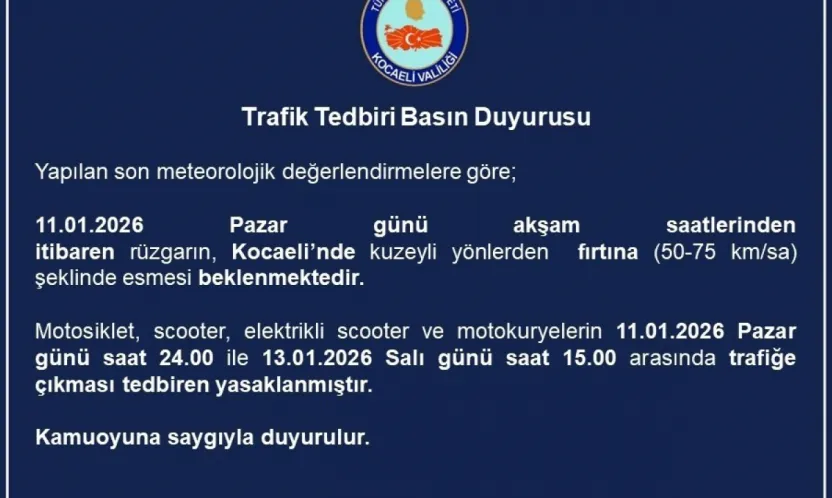 Kocaeli'de motosiklet, scooter ve motokuryelerin trafiğe çıkışı yasaklandı